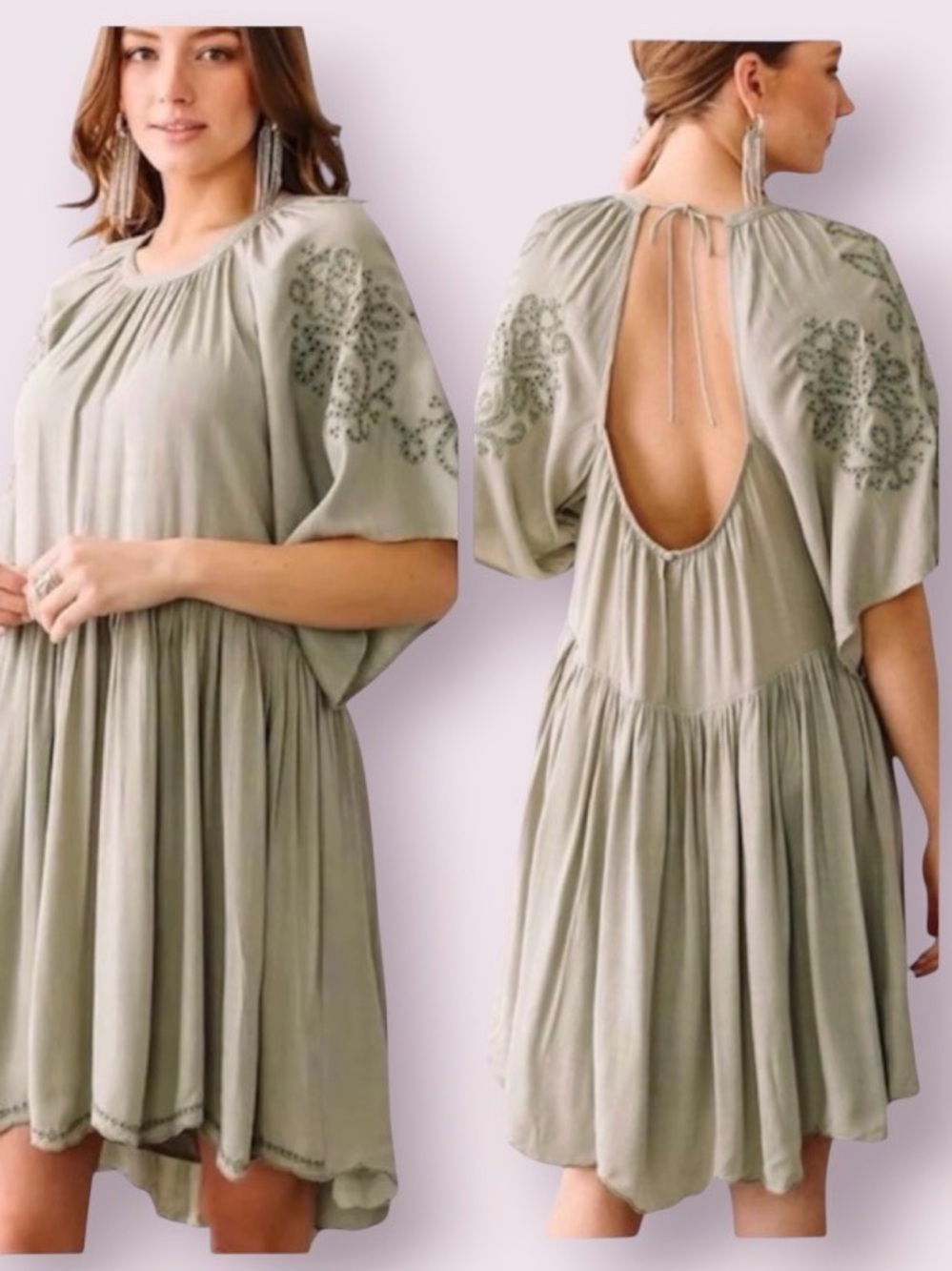 En Creme Flowy Embroidered Eyelet Boho Mini Dress Open Back Seagrass Green Small